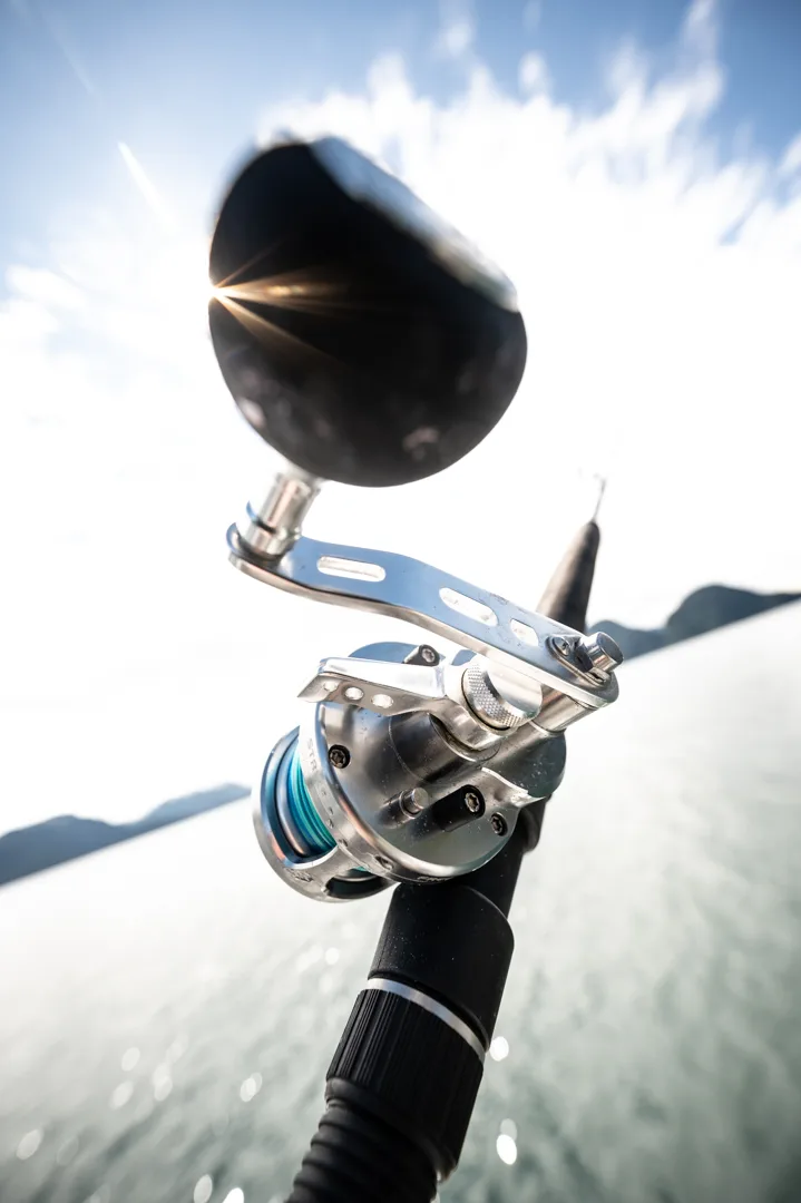 Close-up of a conventional fishing reel and rod shot from below against bright sky and calm water, mountains in background.