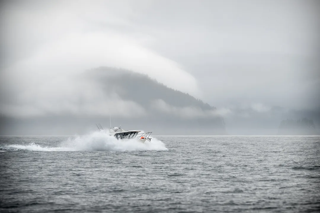 Sport fishing boat running at speed across open gray water, mist-wrapped forested headland behind.