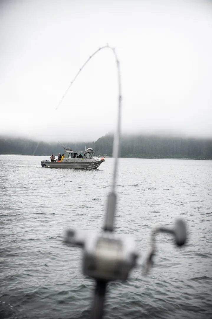 Fishing rod in foreground frames an aluminum charter boat underway on calm gray water, misty forested hills behind.